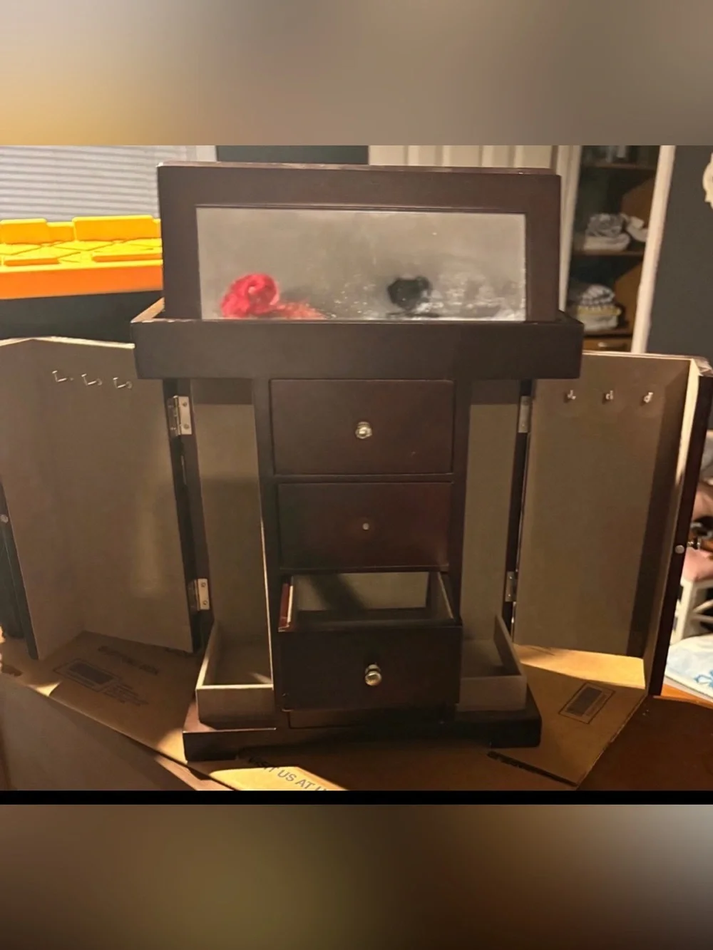 Classic Dark Brown Wooden Jewelry Organizer with Mirror